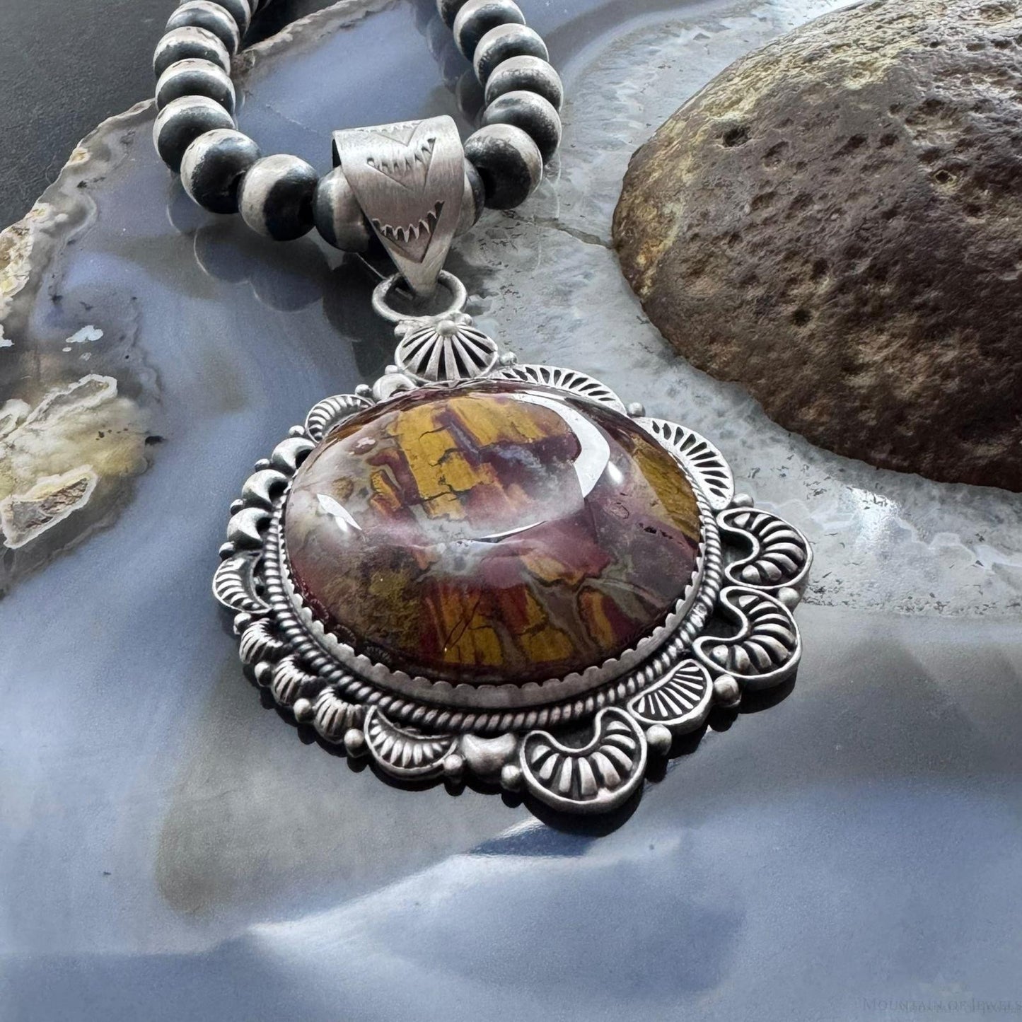 Sterling Silver Southwestern Style Round Red Moss Agate Decorated Pendant For Women