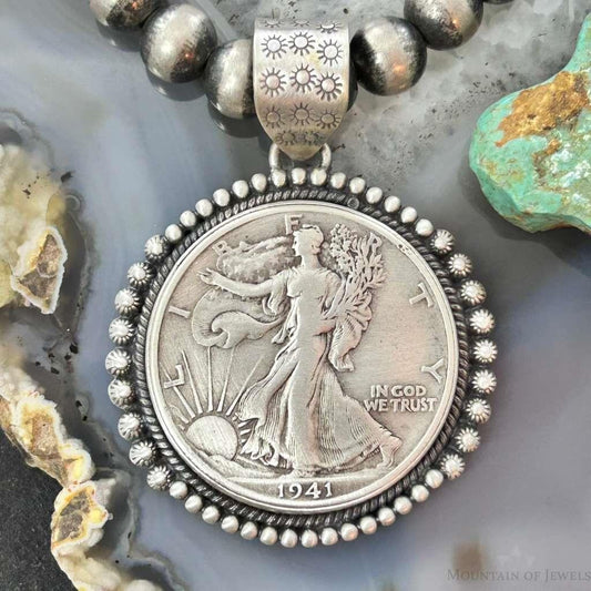Genuine 90% Silver 1941 US Walking Liberty Half Dollar Decorated Unisex Pendant