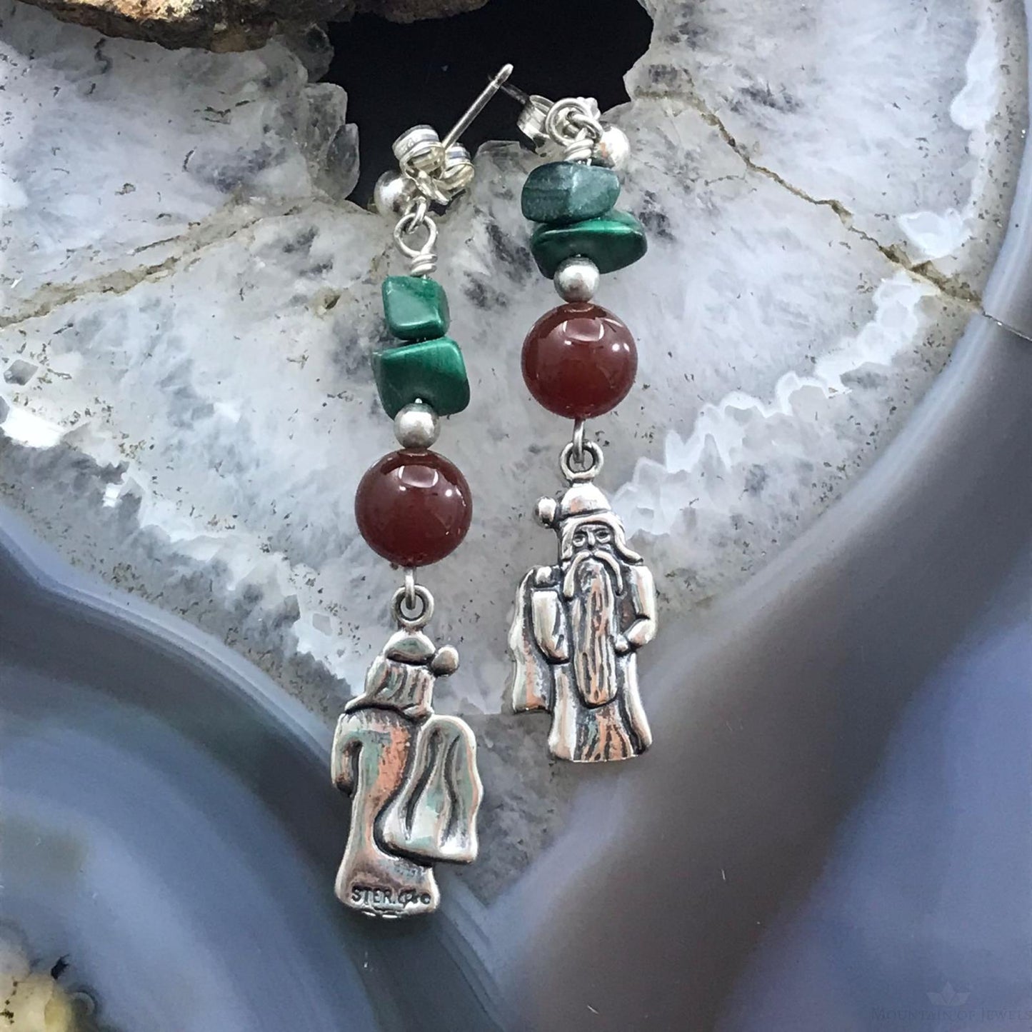 Carolyn Pollack Sterling Silver Malachite & Carnelian Father Christmas Dangle Earrings For Women