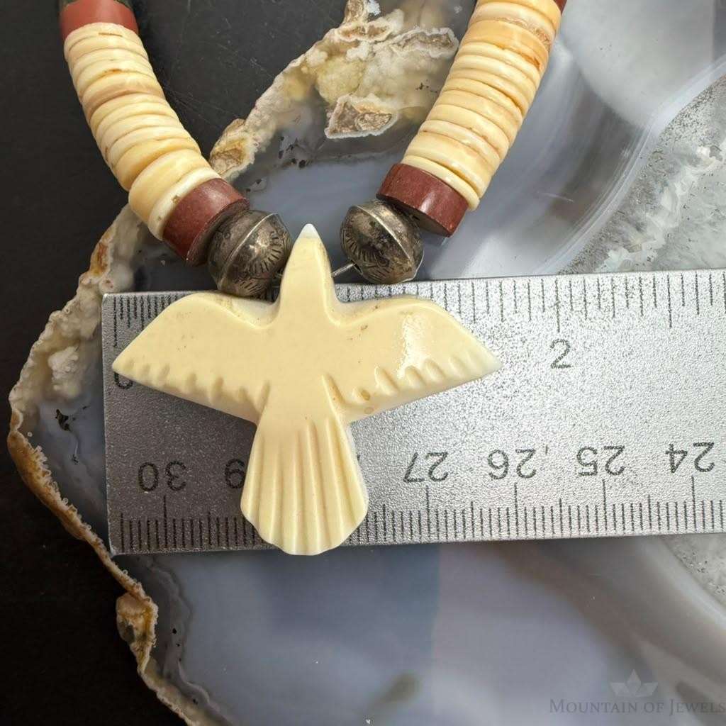 Vintage Native American Shell Beads & Jasper w/ Bird Pendant Necklace For Women
