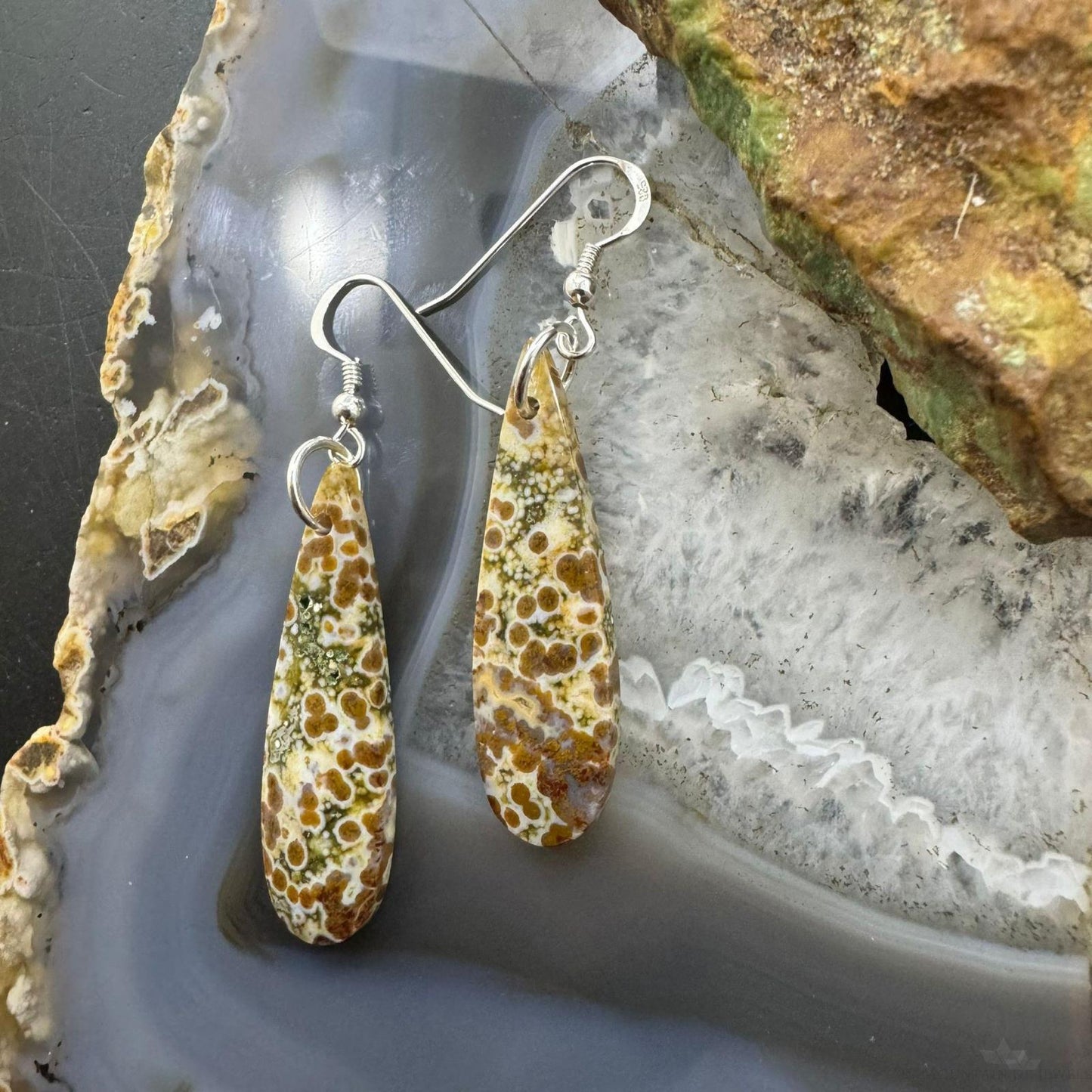 Sterling Silver Teardrop River Jasper Slab Dangle Earrings For Women #197