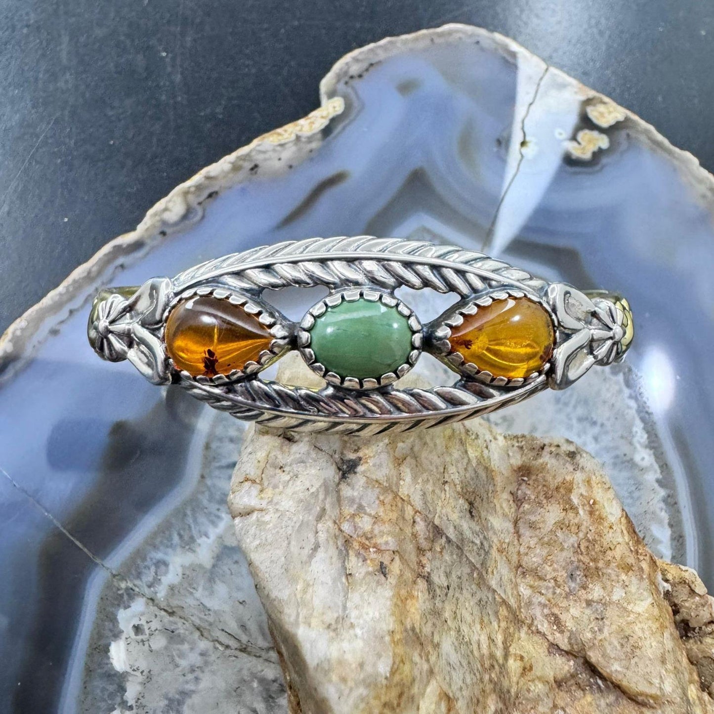 Carolyn Pollack Sterling Silver & Brass Turquoise & Amber Decorated Bracelet For Women