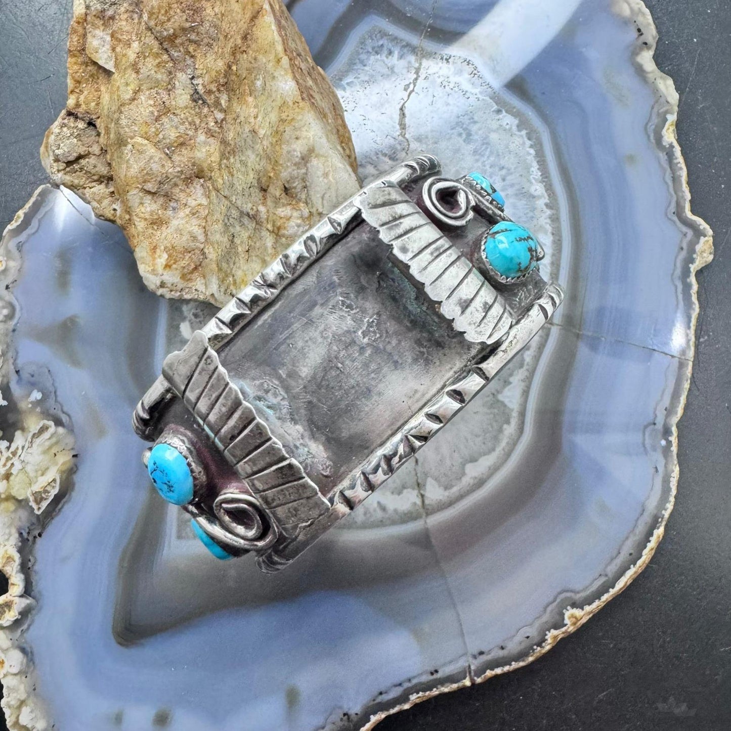 Vintage Native American Sterling Silver 8 Natural Kingman Turquoise Watch Cuff For Men