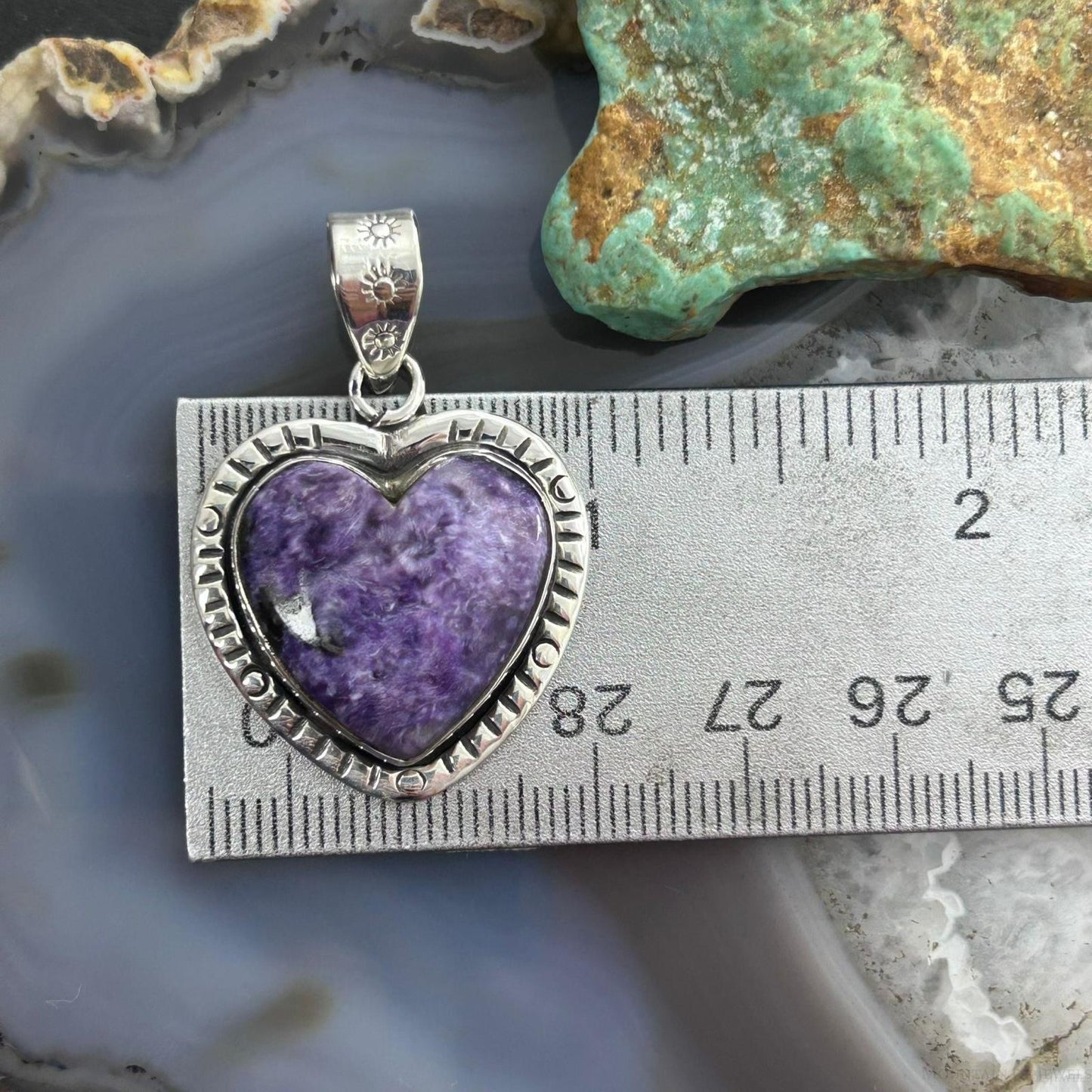 Sterling Silver Southwestern Style Charoite Heart Decorated Pendant For Women