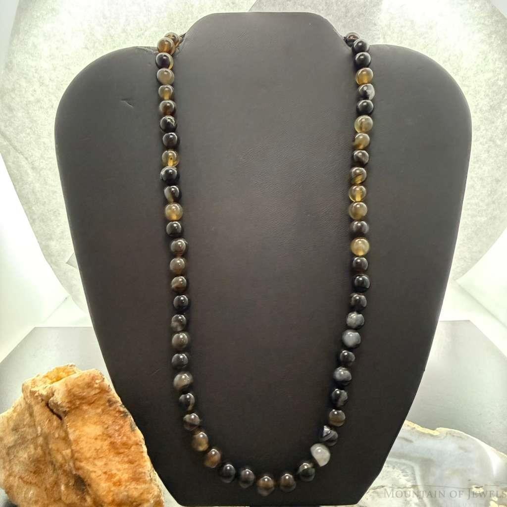 Sterling Silver Southwestern Style 8mm Smoky Onyx Beads 20" Necklace For Women