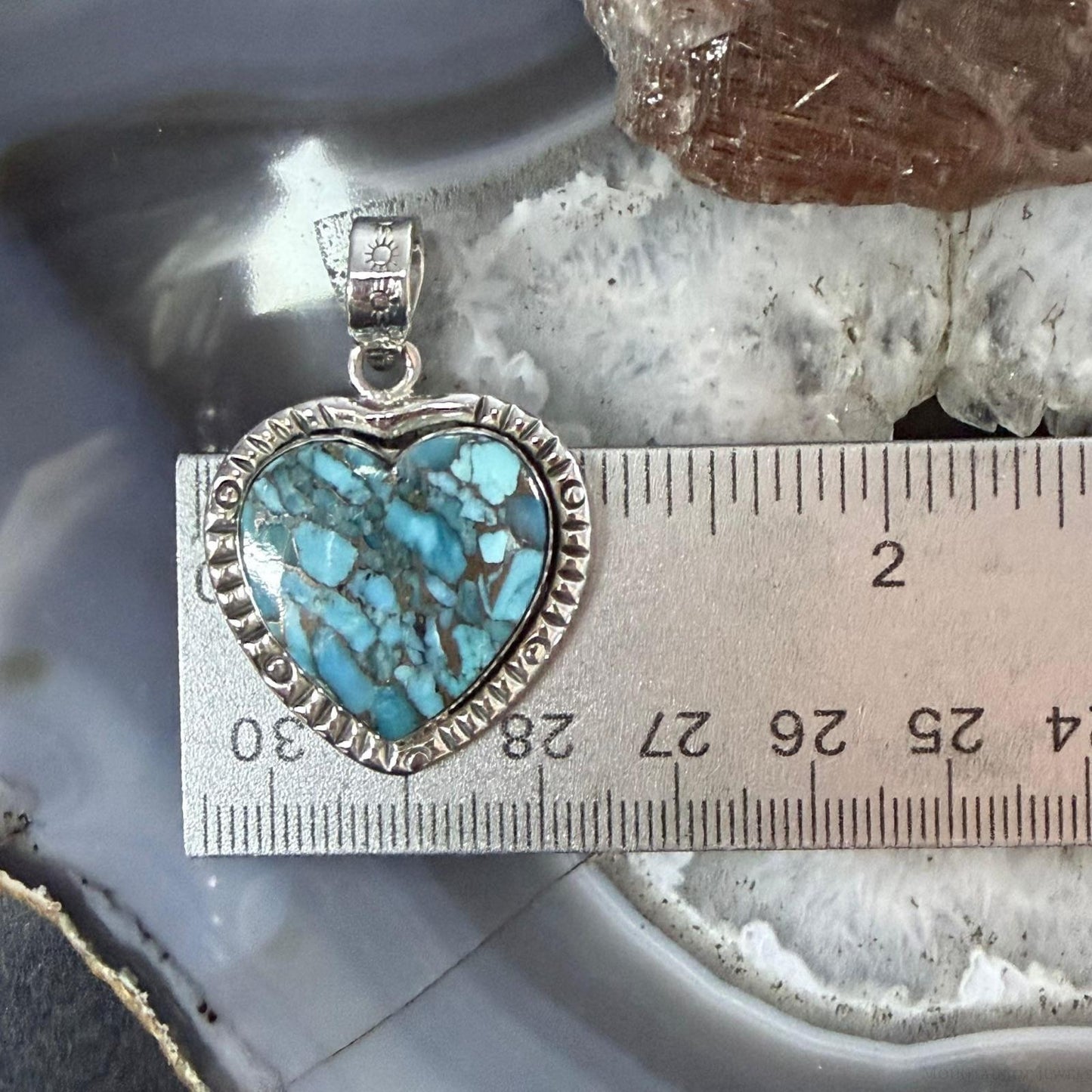 Sterling Silver Southwestern Style Blue Turquoise Dahlia Heart Pendant For Women