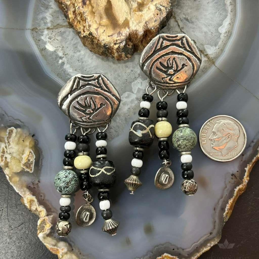 Vintage Sterling Silver Southwestern Roadrunner Beads Dangle Earrings For Women