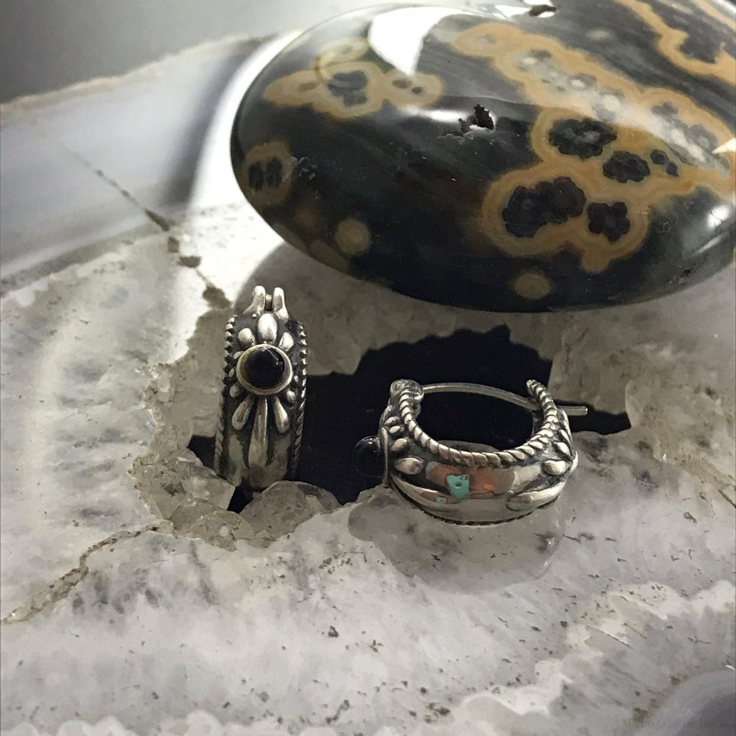 Carolyn Pollack Sterling Silver Onyx Dot Small Floral Hoop Earrings For Women