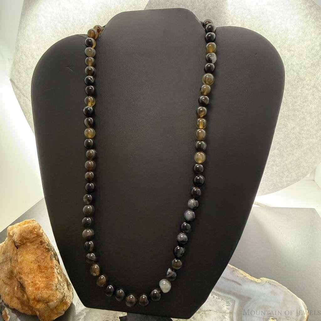 Sterling Silver Southwestern Style 8mm Smoky Onyx Beads 20" Necklace For Women