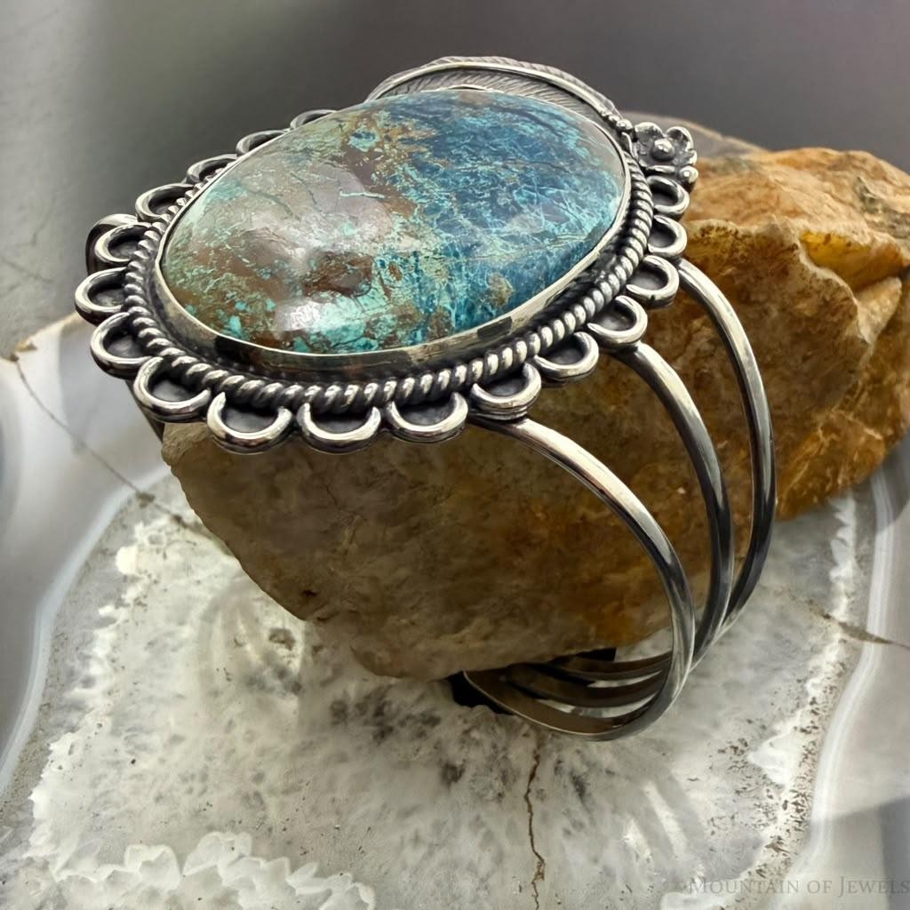Sterling Silver Southwestern Style Oval Chrysocolla Decorated Bracelet For Women