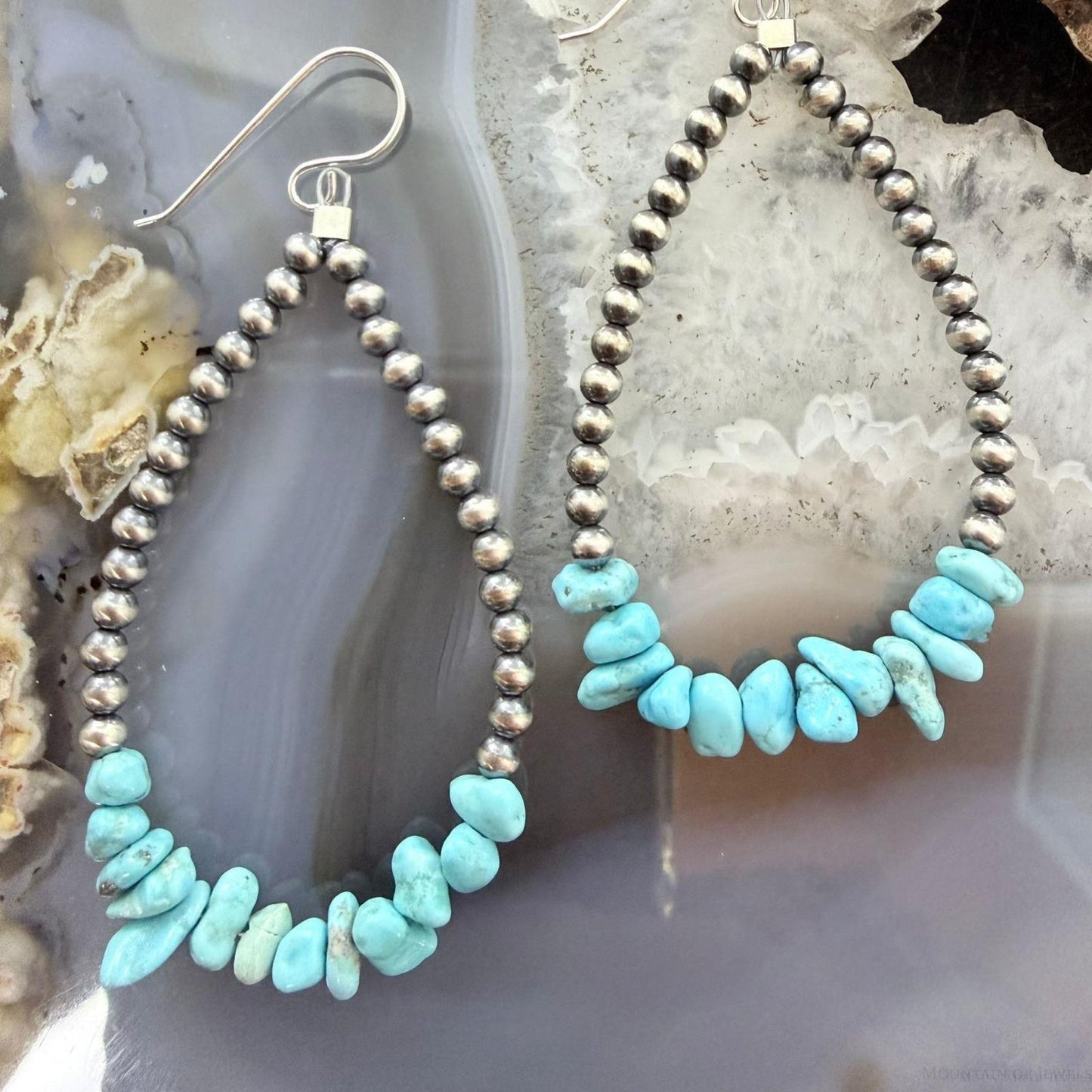 Sterling Silver Navajo Pearl Bead & Chunky Turquoise Dangle Hoop Earrings For Women