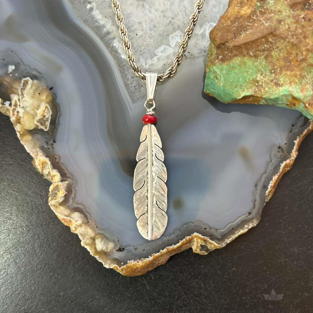 Anthony Gatewood Sterling Silver Coral Beads Feather Pendant For Women