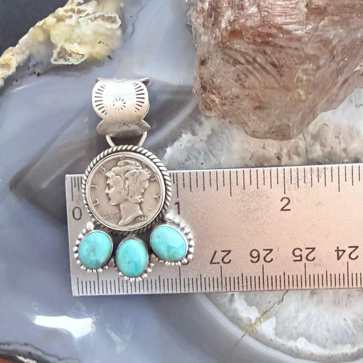 Genuine 1944 Silver 90% Silver Mercury Dime Coin Mohave Turquoise Unisex Sterling Silver Pendant