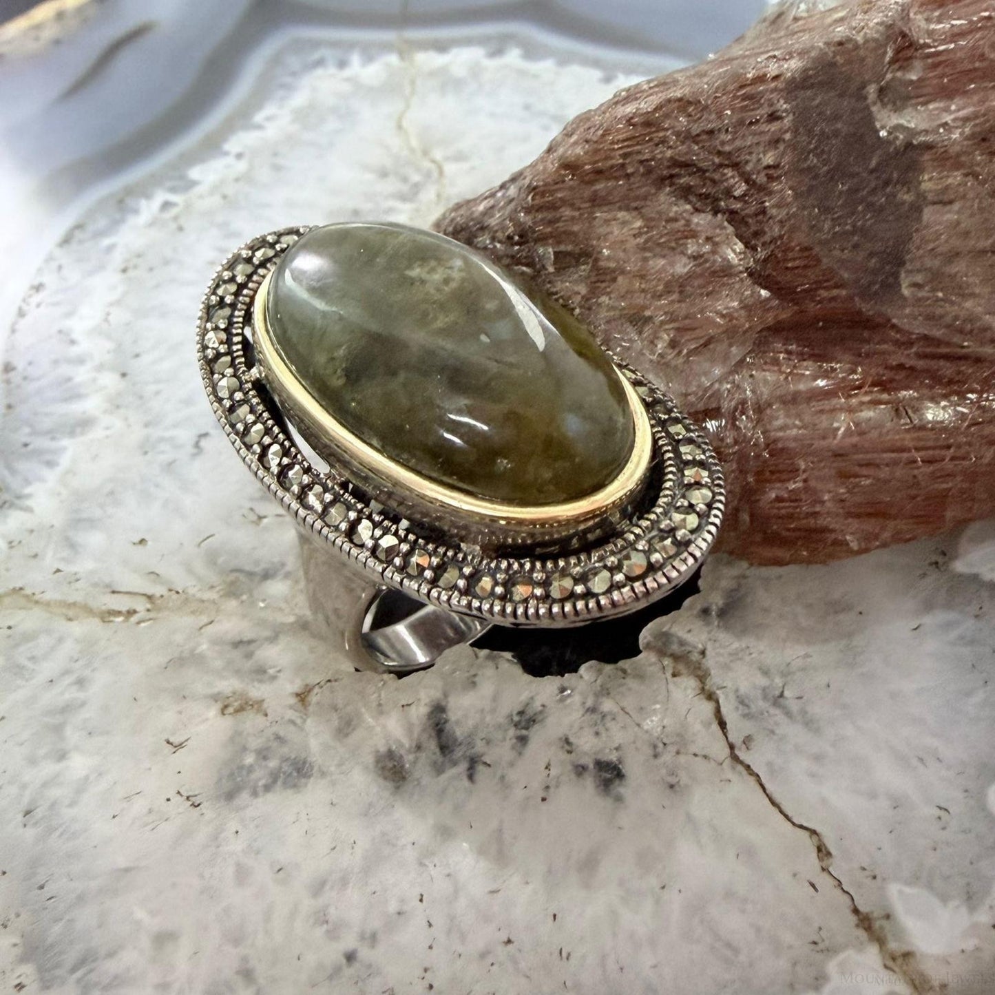 Sterling Silver & 14K Large Oval Jasper and Marcasite Fashion Ring Size 8 For Women