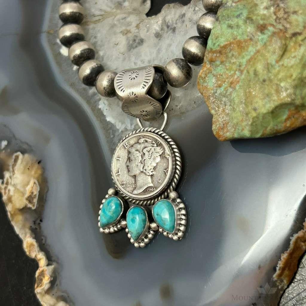 Genuine 1944 90% Silver Mercury Dime Coin Teardrop Mohave Turquoise Unisex Pendant
