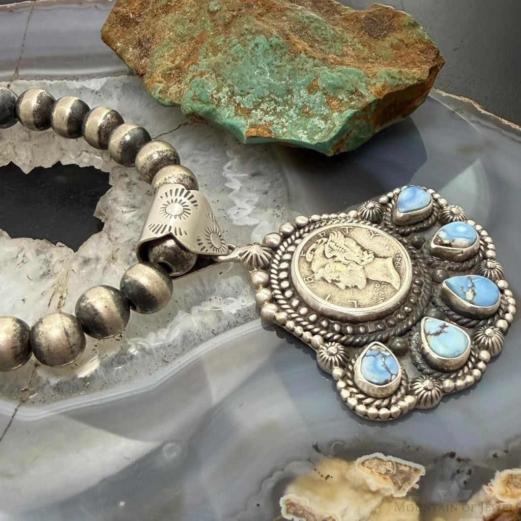 Sterling Silver Southwestern Style 1945 Mercury Dime & Golden Hill Turquoise Pendant