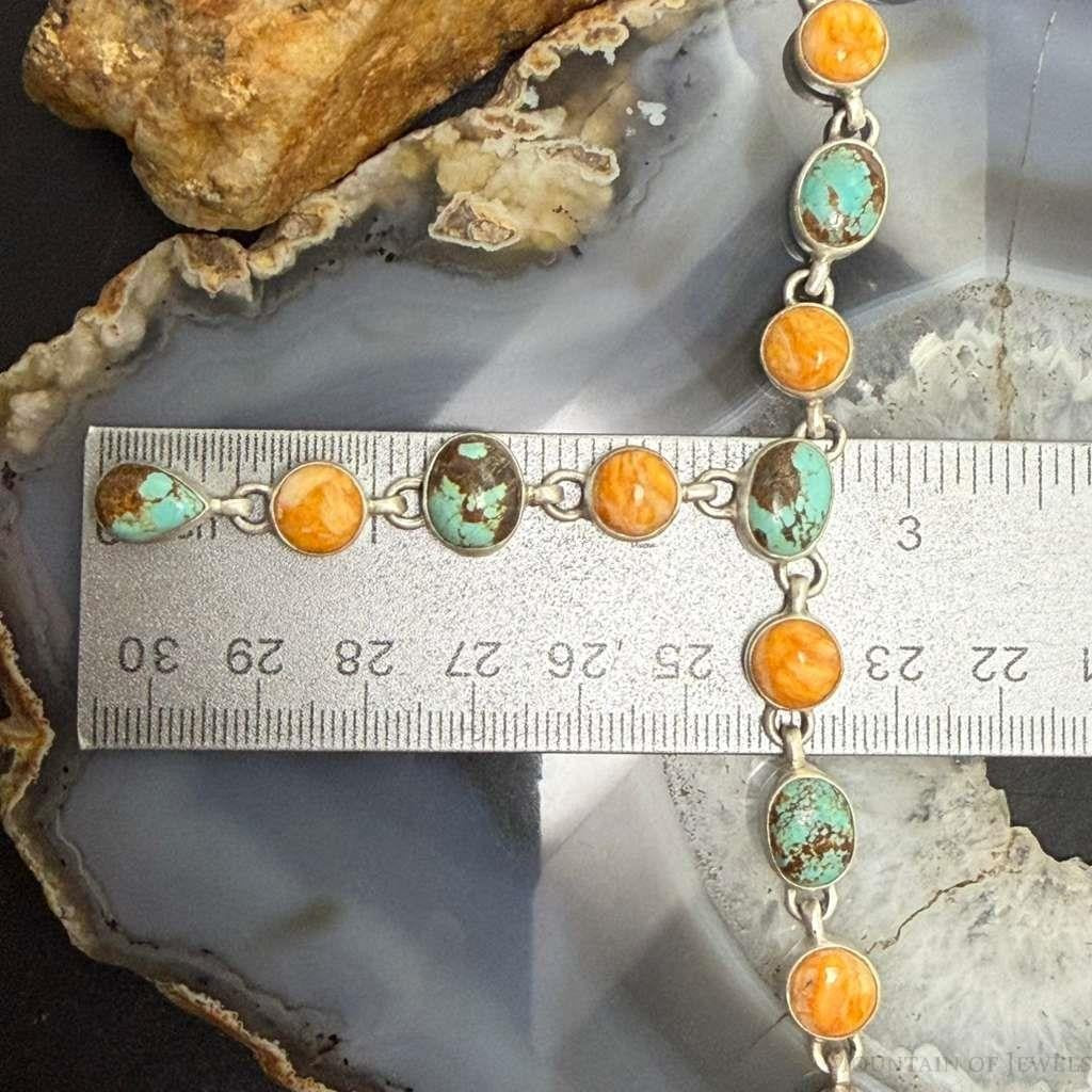 Sterling Silver Southwestern Style Turquoise & Spiny Oyster Lariat 24" Necklace For Women