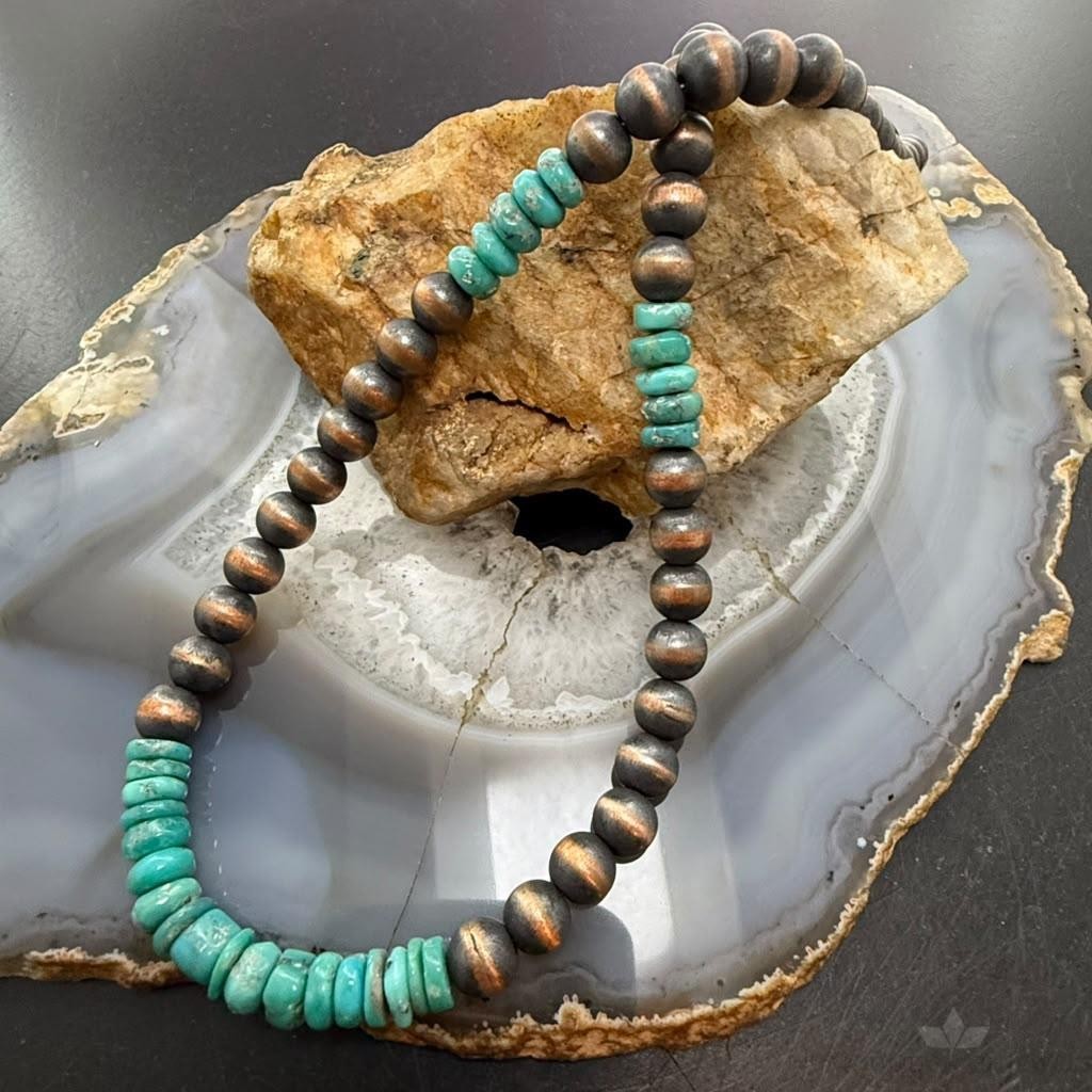 Southwestern Style Copper 8mm Round Navajo Pearl Beades &Turquoise Disk Necklace For Women