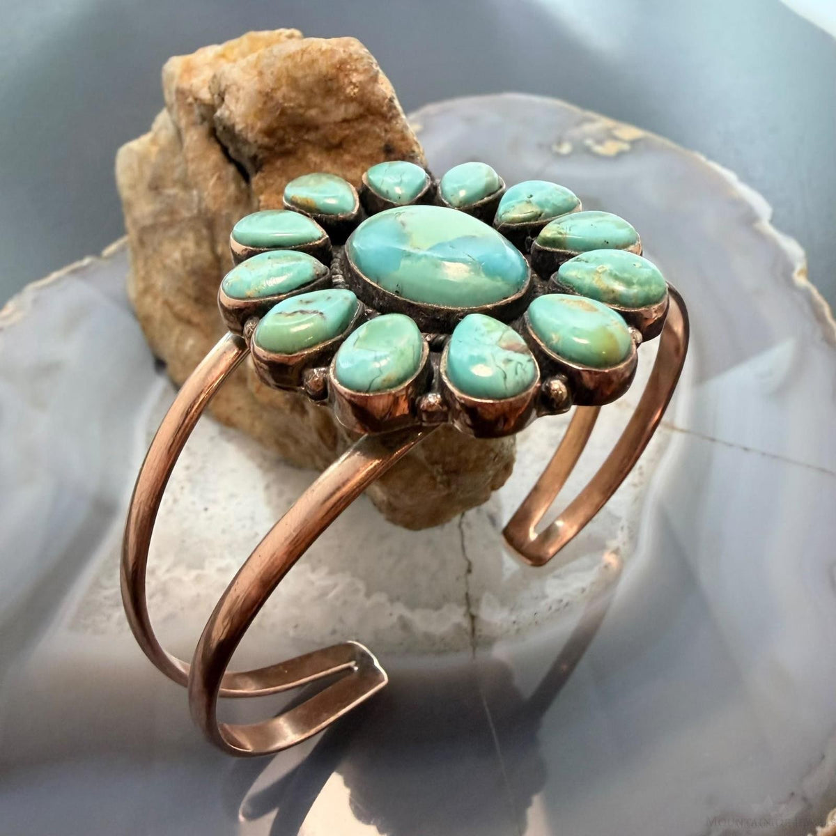 Copper Southwestern Style Mohave Turquoise Decorated Cluster Bracelet For Women