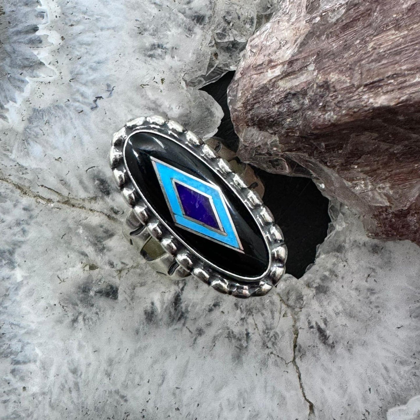 Carolyn Pollack Sterling Silver Onyx, Turquoise & Lapis Inlay Ring Size 6.25 For Women