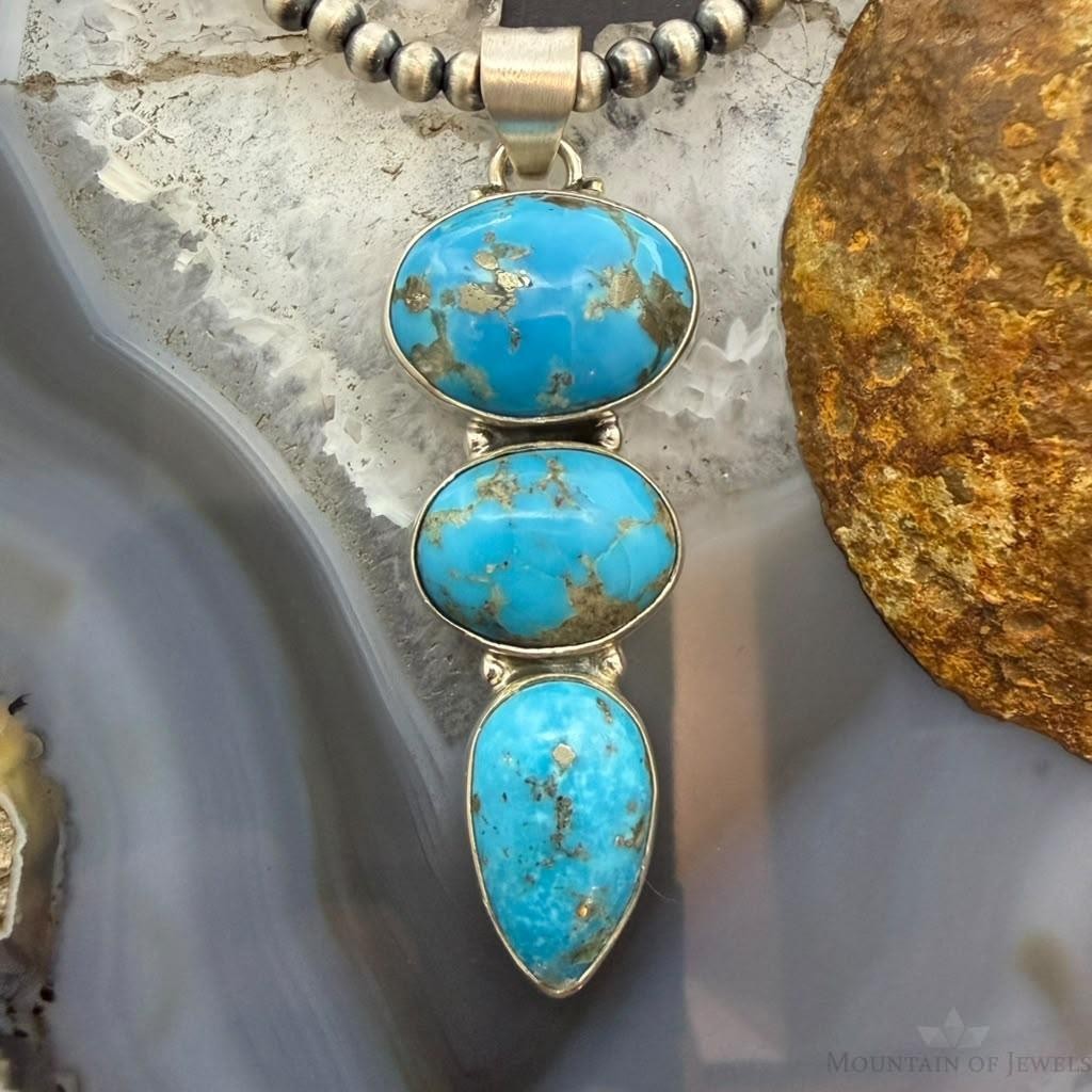 Sterling Silver Southwestern Style 3 Kingman Turquoise Pendant For Women #1