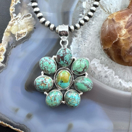 Sterling Silver Southwestern Style Oval Turquoise Cluster Pendant For Women