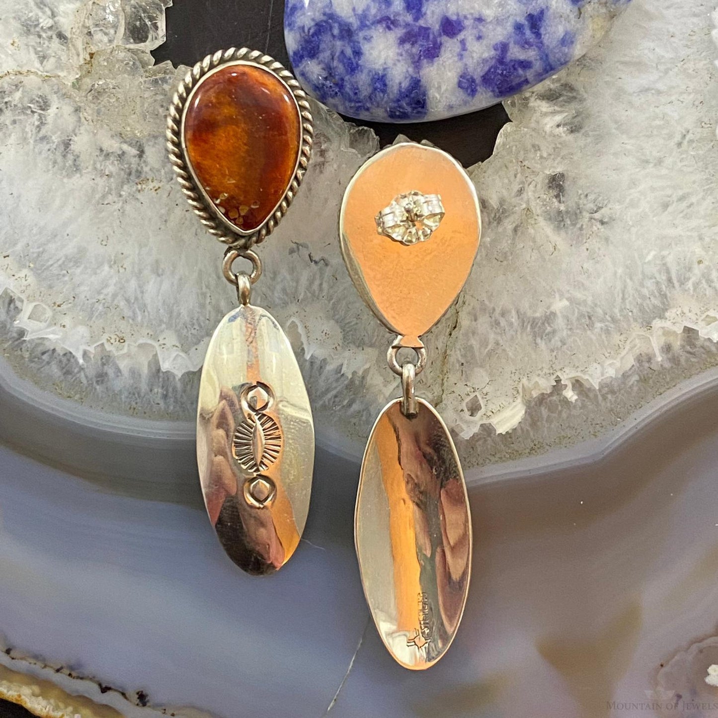 Native American Sterling Silver Teardrop Spiny Oyster Dangle Earrings For Women