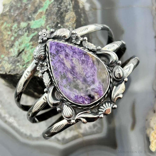 Sterling Silver Southwestern Style Teardrop Charoite Decorated Bracelet For Women