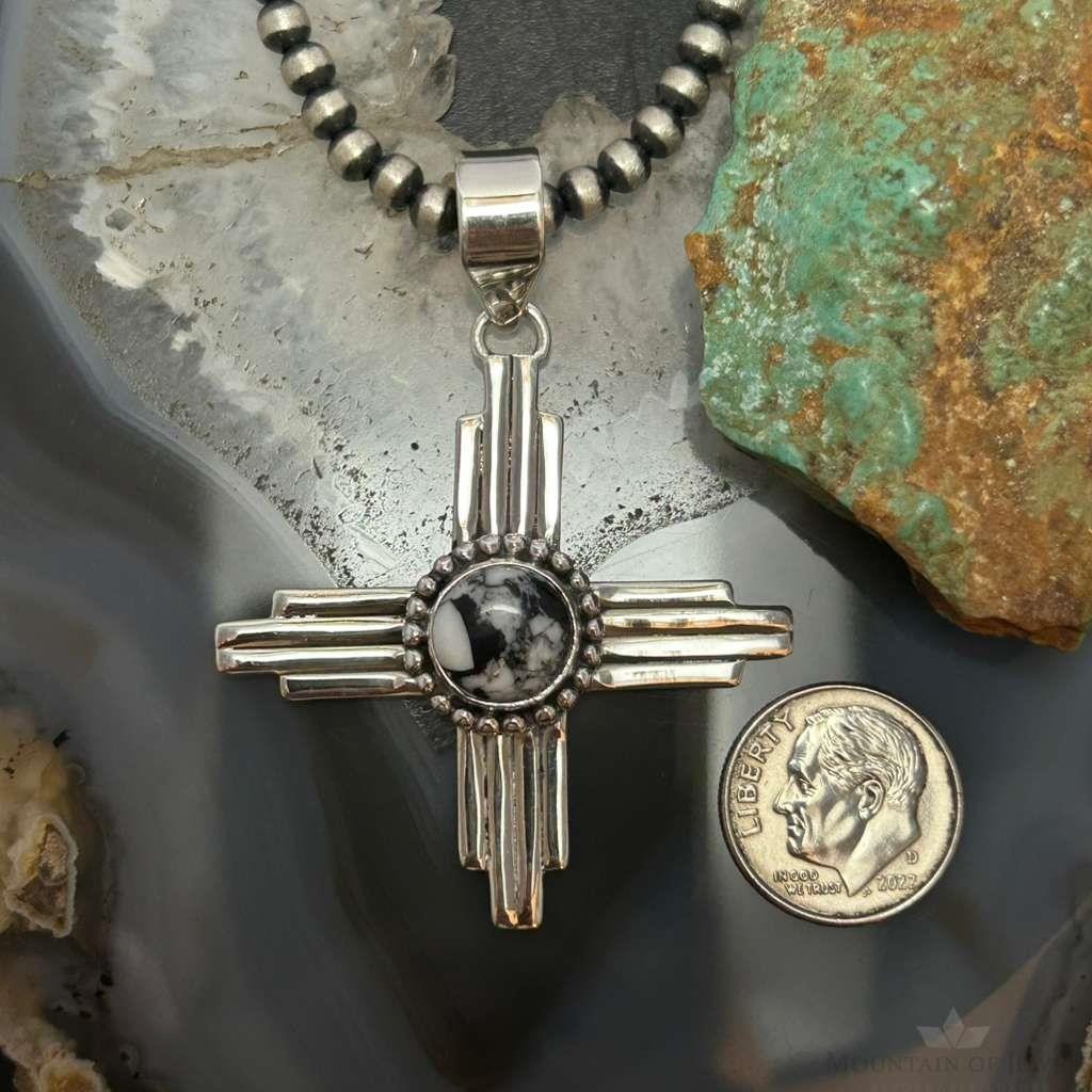 Sterling Silver Southwestern Style Rounded White Buffalo Unisex Zia Pendant #1