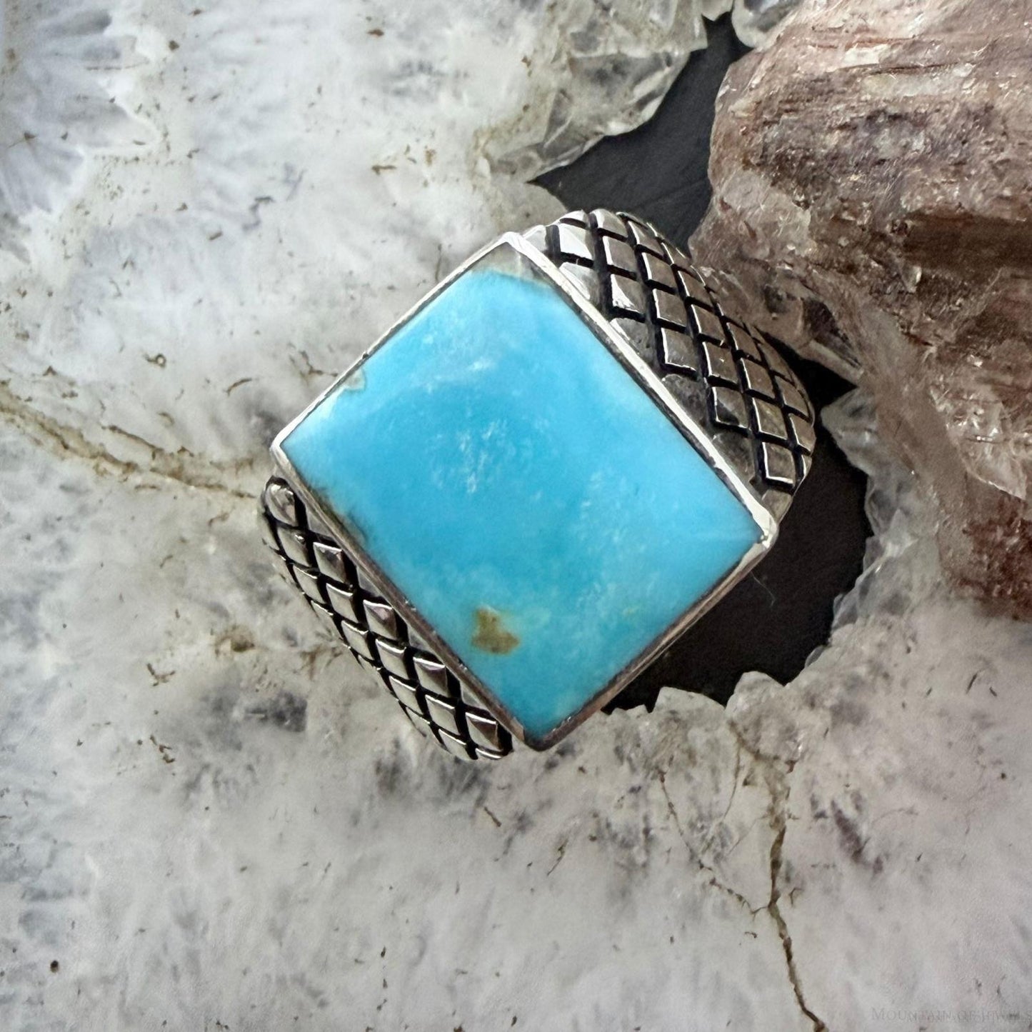 Native American Sterling Silver Rectangle Kingman Turquoise Decorated Ring Size 10 For Men