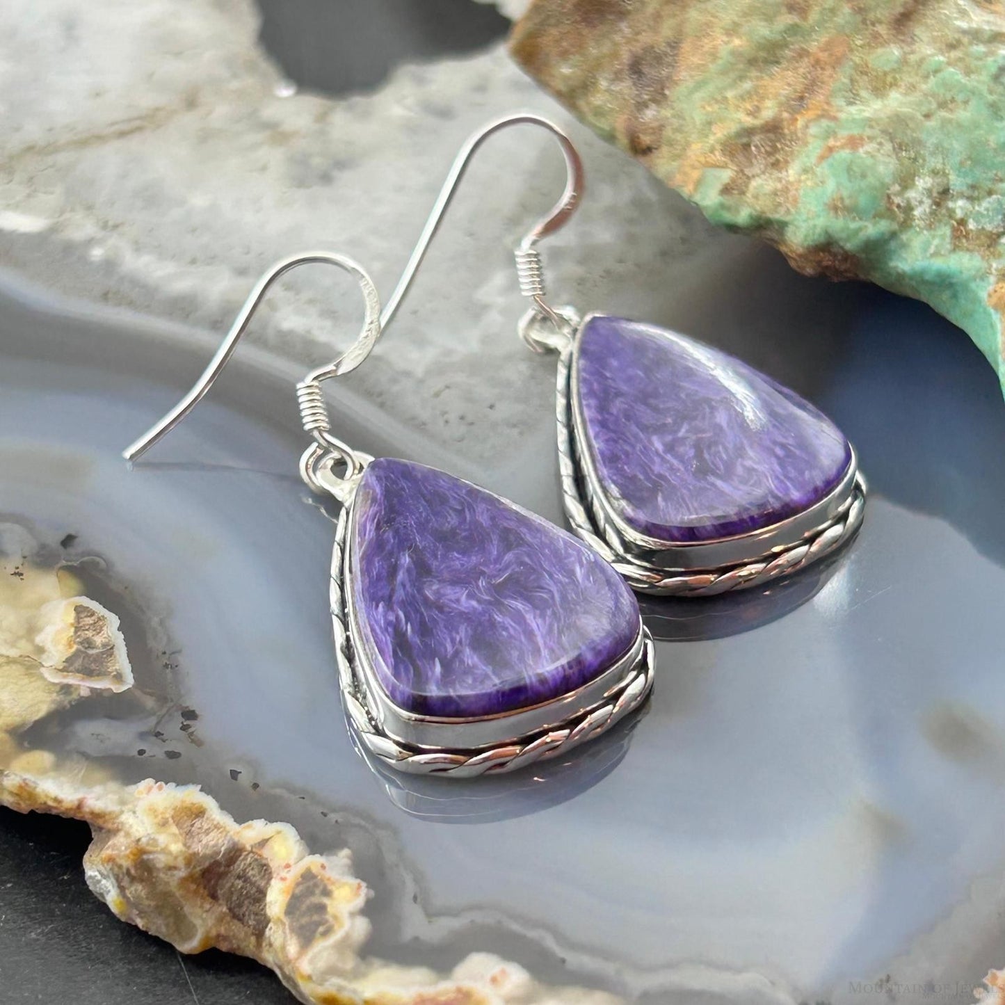 Sterling Silver Southwestern Style Teardrop Charoite Dangle Earrings For Women