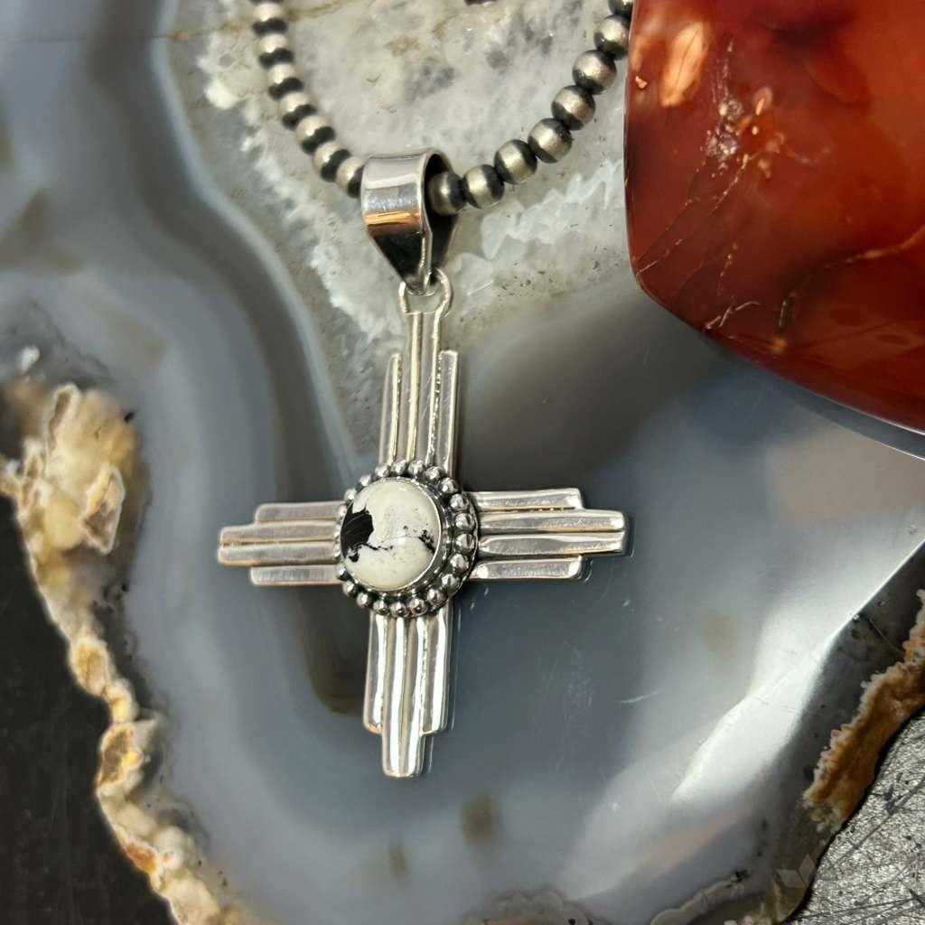 Sterling Silver Southwestern Style Round White Buffalo Unisex Zia Pendant #1