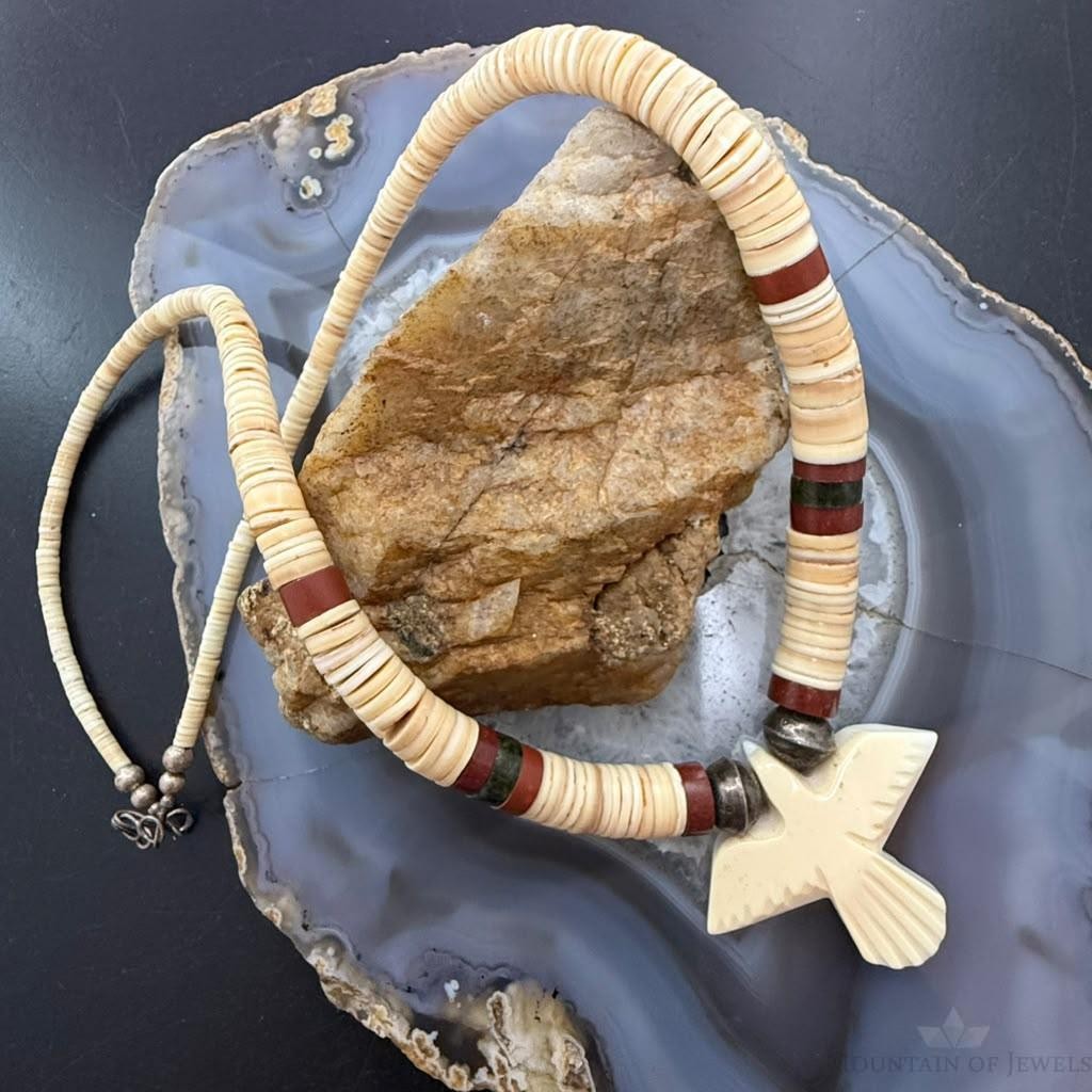 Vintage Native American Shell Beads & Jasper w/ Bird Pendant Necklace For Women