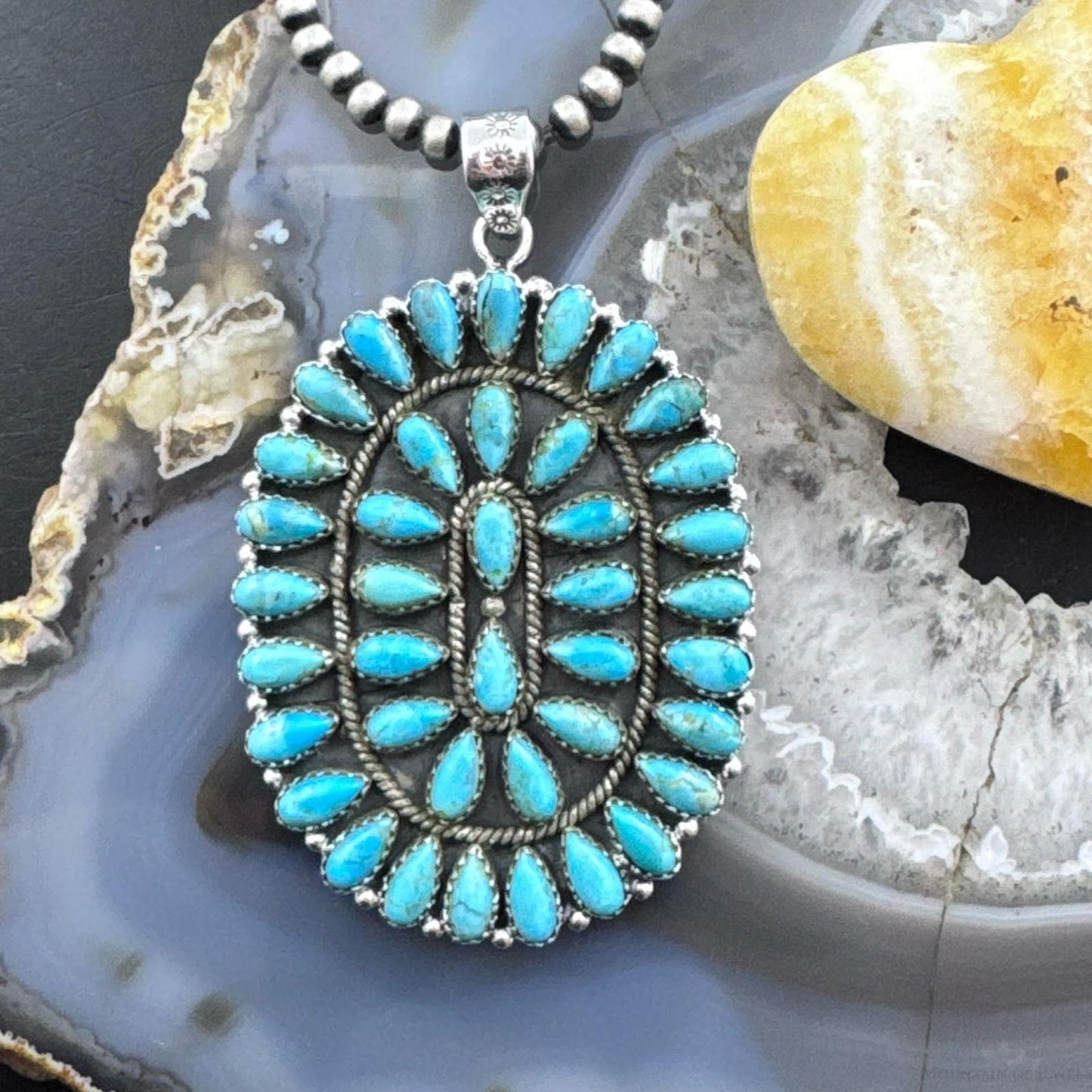 Sterling Silver Southwestern Style Turquoise Decorated Large Cluster Pendant For Women