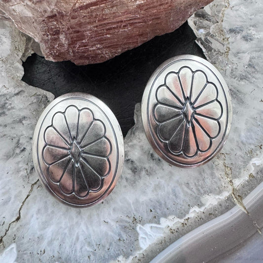 Native American Sterling Silver Round Stamped Oval Concho Stud Earrings For Women