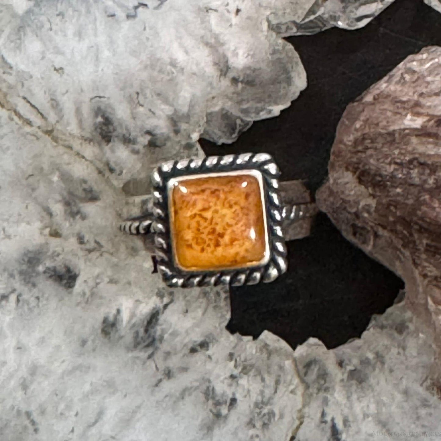 Carolyn Pollack Sterling Silver Square Amber Decorated Ring Size 5 For Women