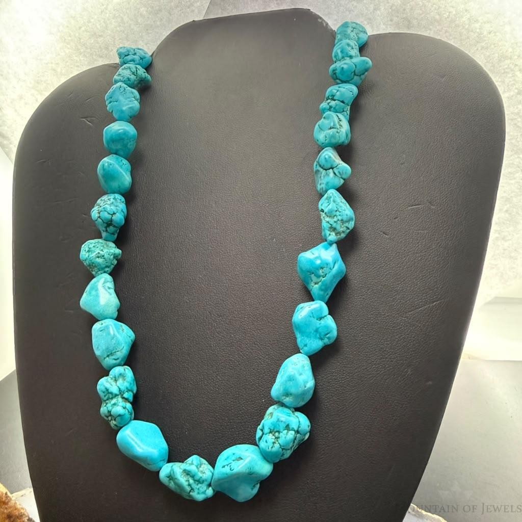 Vintage Native American Rough Natural Turquoise 29" Necklace For Women
