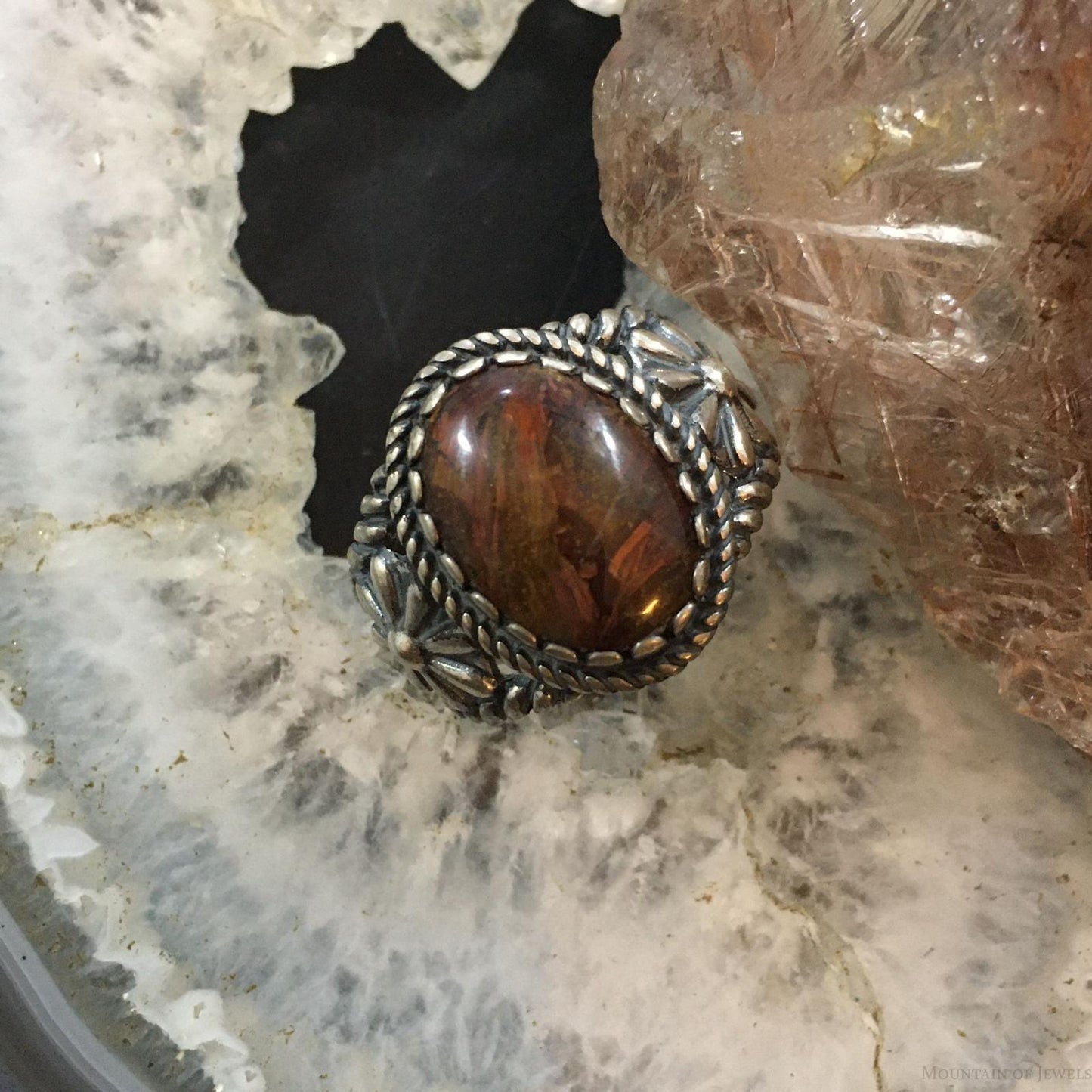 Carolyn Pollack Vintage Southwestern Style Sterling Oval Brown Agate Decorated Ring For Women