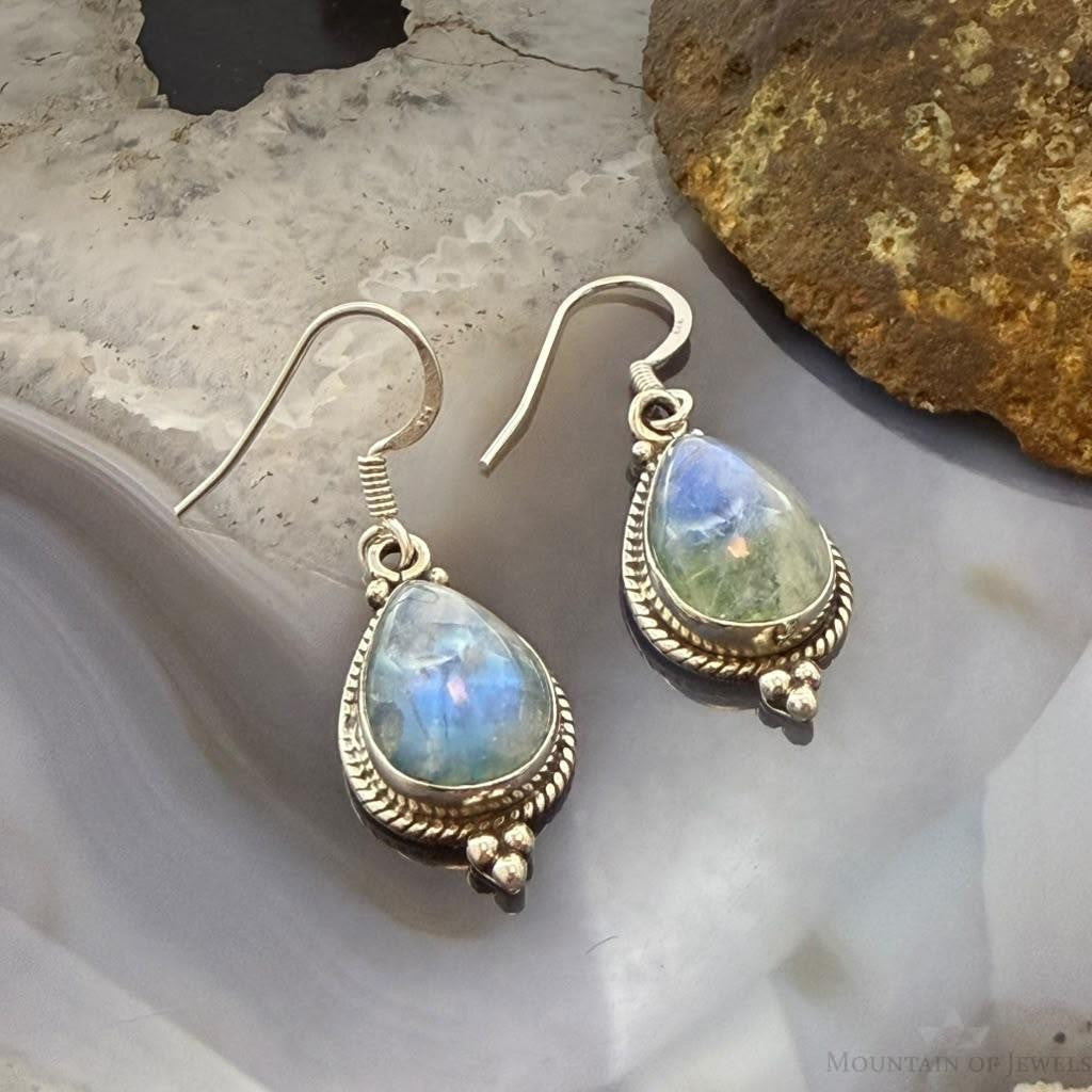 Sterling Silver Southwestern Style Teardrop Moonstone Decrated Dangle Earrings For Women