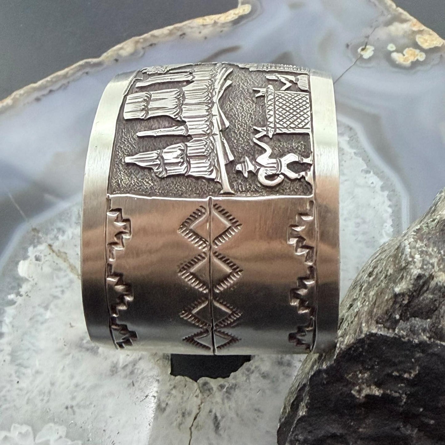 Alex Becenti Native American Sterling Silver Village Life Storyteller Wide Unisex Cuff Bracelet