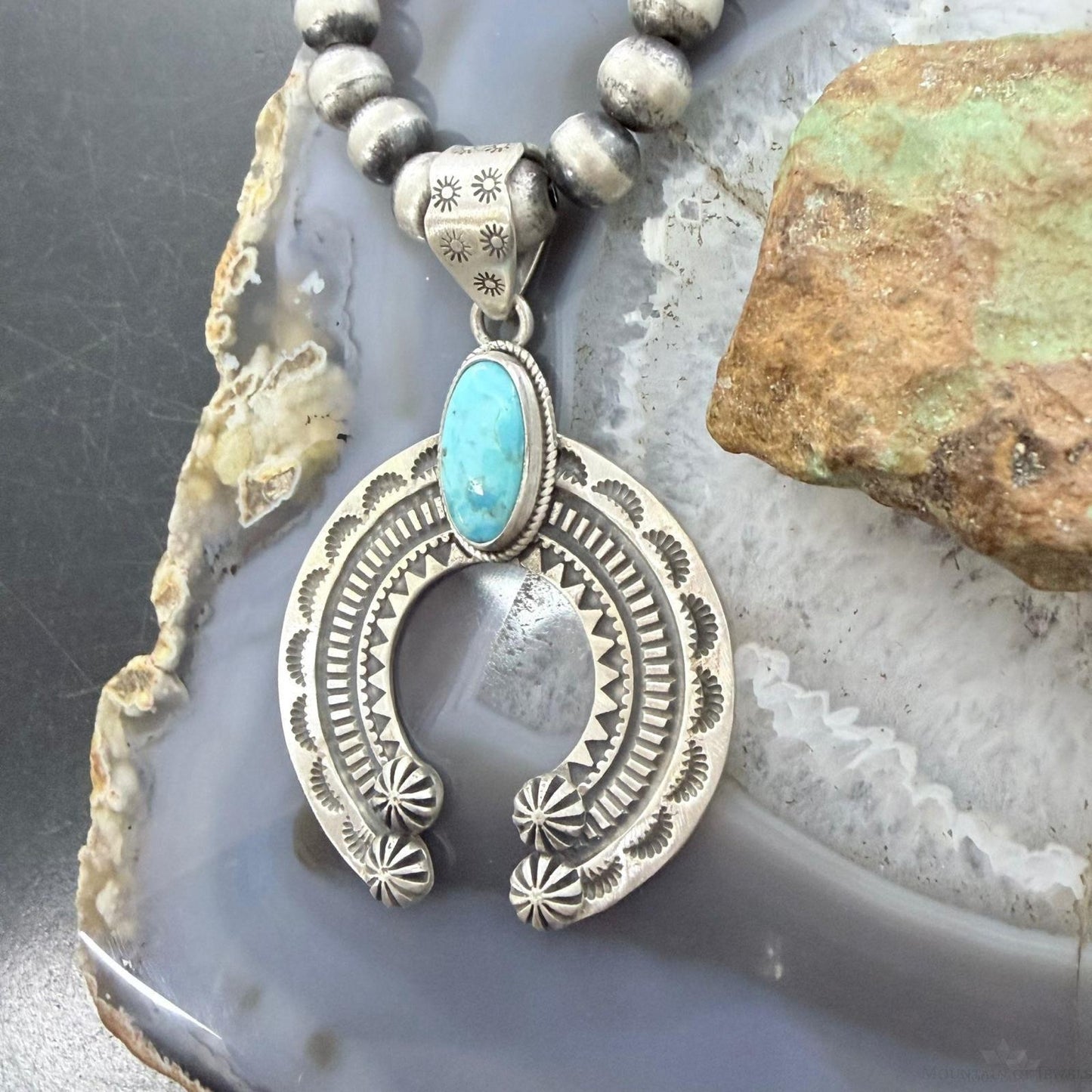 Sterling Silver Southwestern Style Oval Turquoise Decorated Unisex Naja Pendant