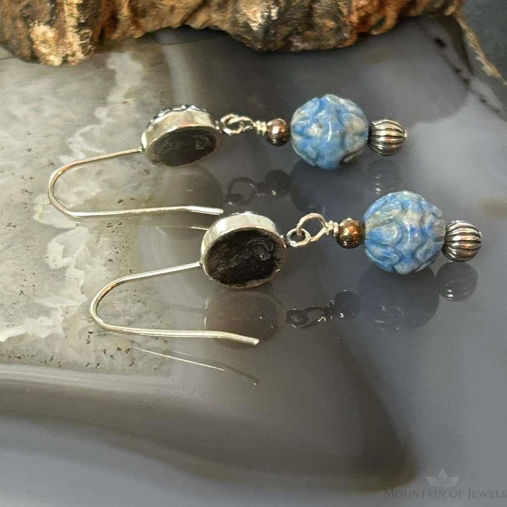 Carolyn Pollack Sterling Silver Carved Denim Lapis Bead Dangle Earrings For Women