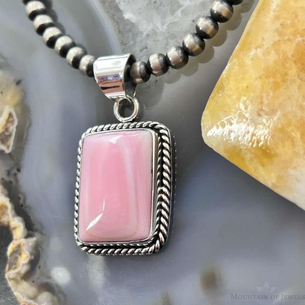 Native American Sterling  Silver Rectangle Pink Conch Decorated Pendant For Women #2