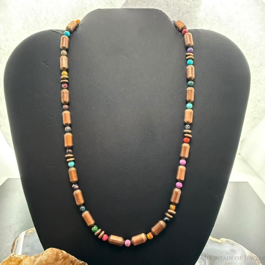 Southwestern Style Copper Navajo Pearl Round &Cylinder w/Multistone 18" Necklace For Women
