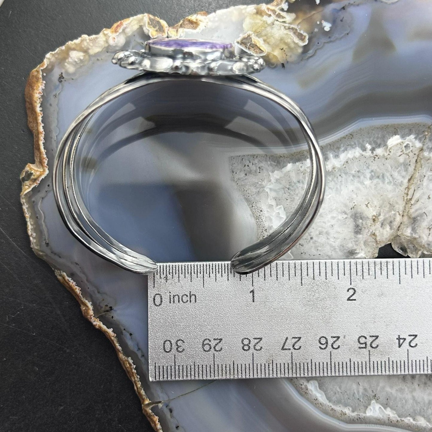 Sterling Silver Southwestern Style Large Oval Charoite Decorated Bracelet For Women
