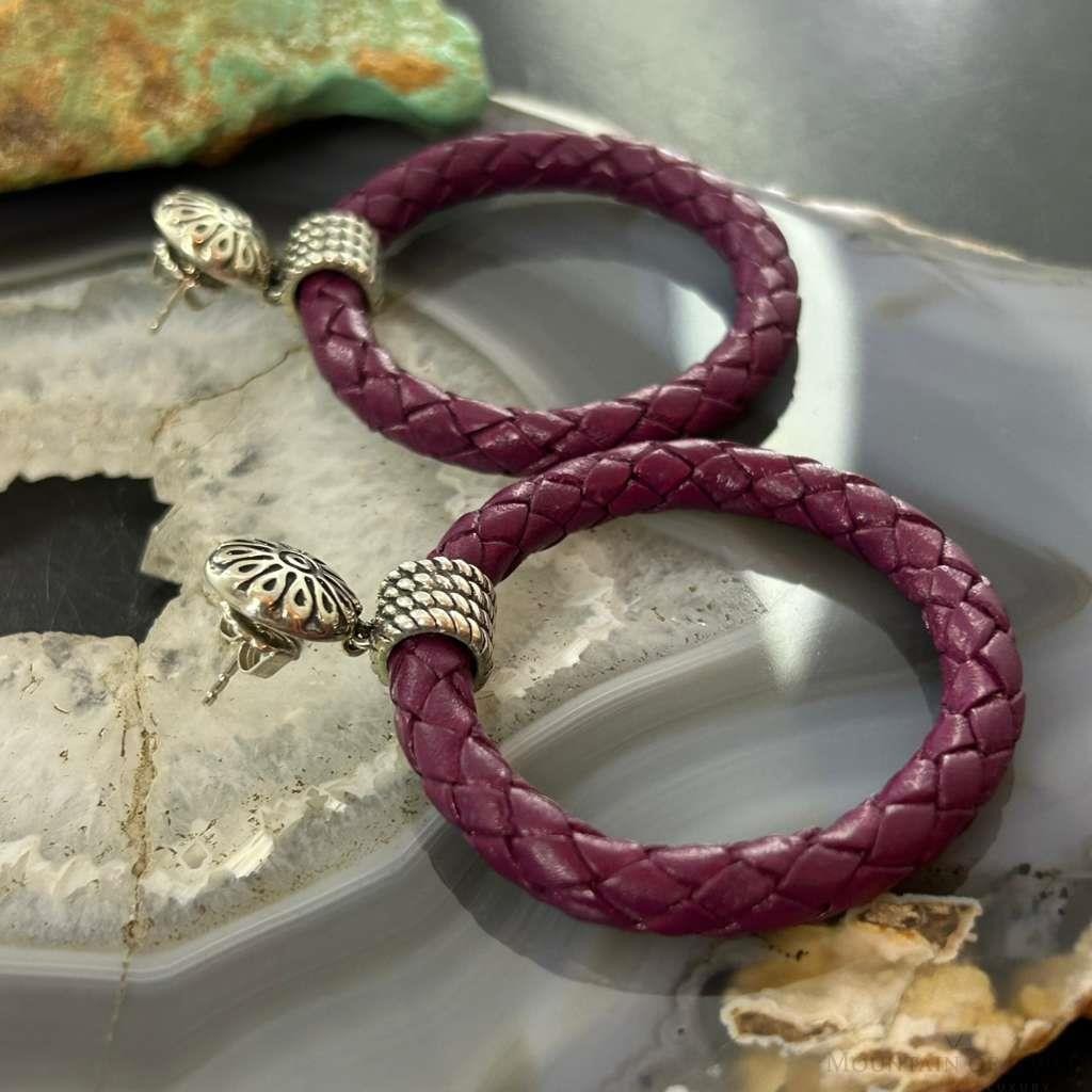 Carolyn Pollack Sterling Silver Purple Braided Leather Hoop Earrings For Women