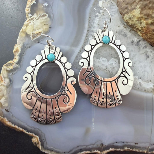 Tommy & Rosita Singer Sterling Silver Turquoise Dot Engraved Dangle Earrings For Women