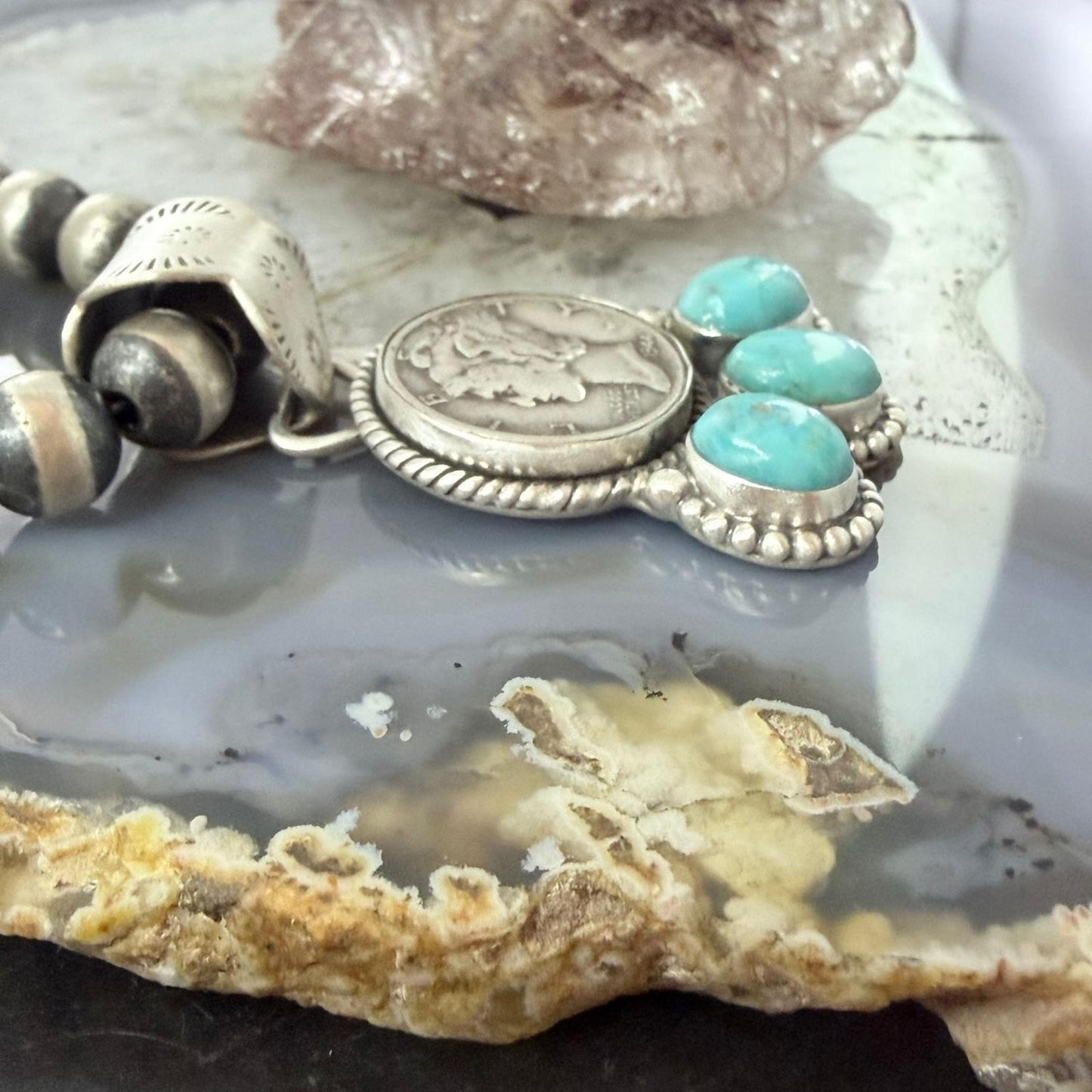 Genuine 1944 Silver 90% Silver Mercury Dime Coin Mohave Turquoise Unisex Sterling Silver Pendant