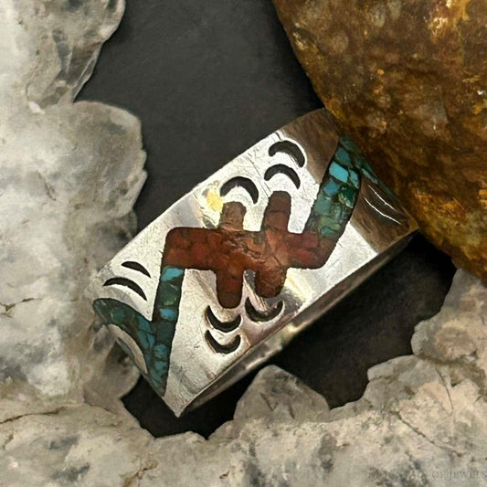 Vintage Cea Brown Silver Native American Chip inlay Band Ring Size 8 For Women