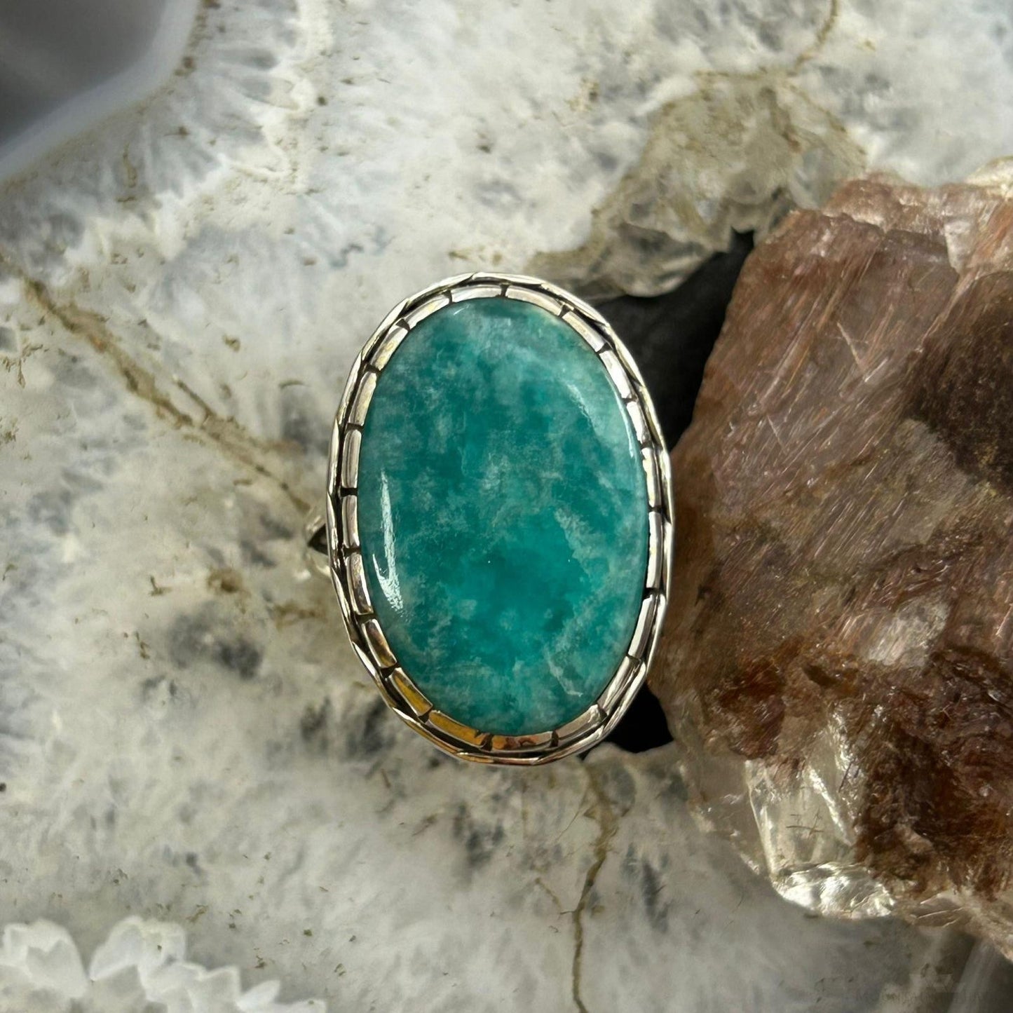 Sterling Silver Southwestern Style Oval Amazonite Decorated Ring Size 10 For Women